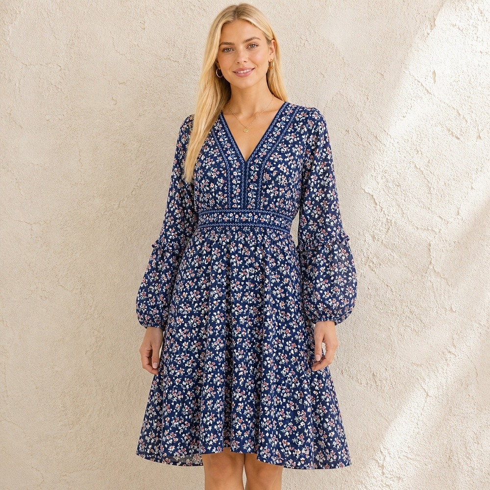Max Studio Midi Dress Navy‎ Floral Empire Waist Boho Cottagecore Medium